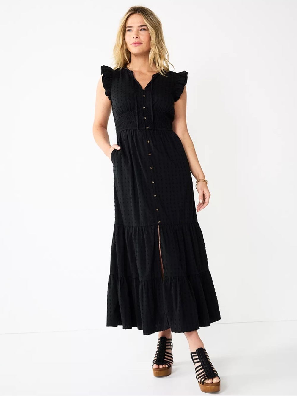 Smocked Button Front Maxi Dress Pockets Ruffle Sleeve Sonoma Goods For Life L